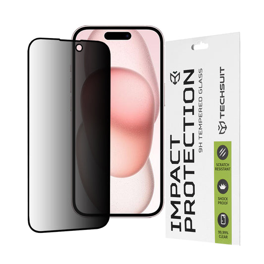 Privacy Techsuit Displayschutzfolie für Apple iPhone 16 / 15, gehärtetes Glas, Full Glue, 111D