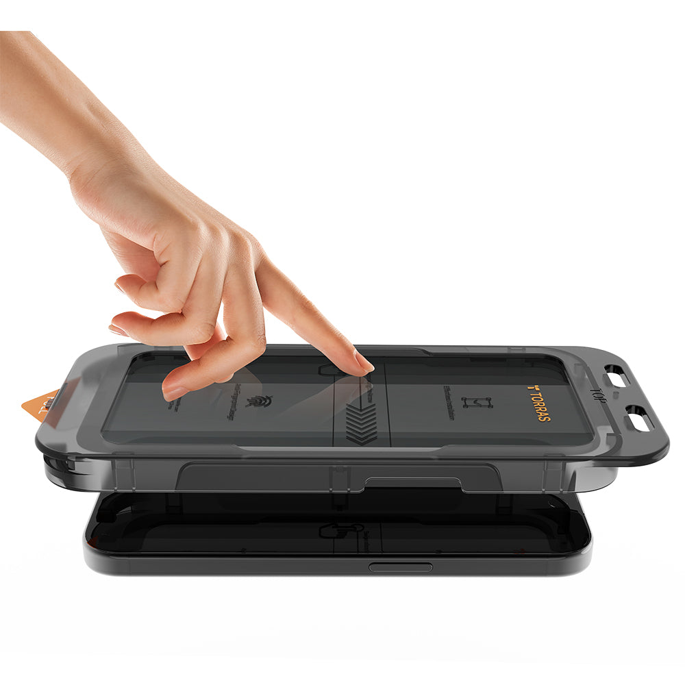 Schutzfolie Privacy Torras GlassGo Install Master für Apple iPhone 17 Pro, Gehärtetes Glas, Vollverklebung