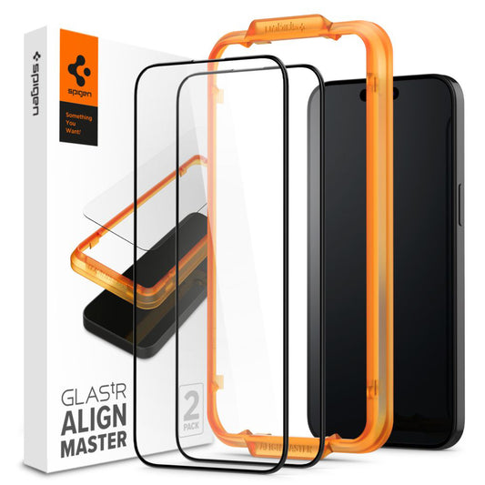 Schutzfolie Spigen GlastR Align Master für Apple iPhone 15, gehärtetes Glas, Full Glue, Set mit 2 Stück, Schwarz AGL06906