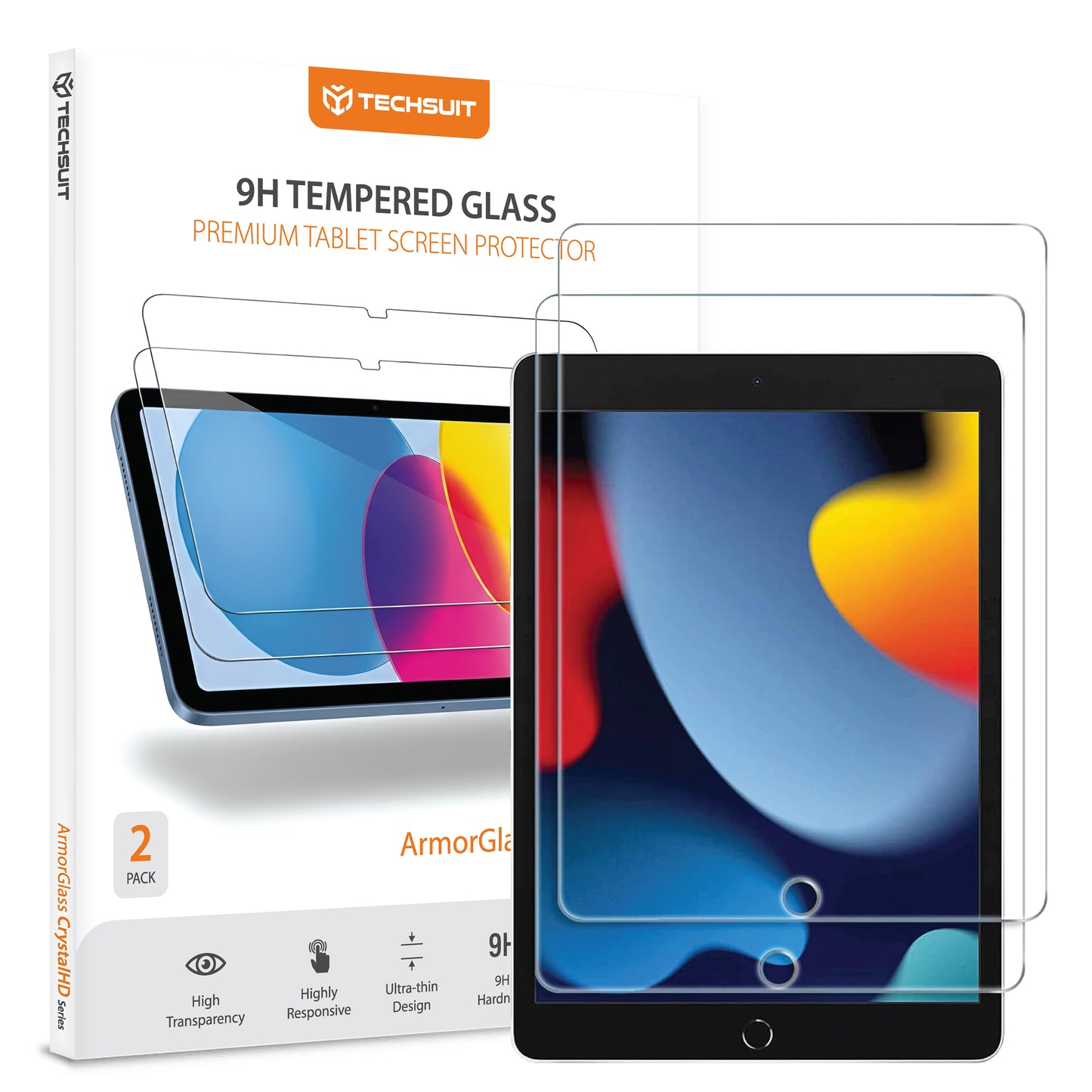 Schutzfolie Techsuit ArmorGlass CrystalHD für Apple iPad 10.2 (2021) / 10.2 (2020), gehärtetes Glas, Full Glue, Set mit 2 Stück