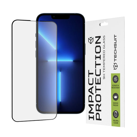 Techsuit Displayschutzfolie für Apple iPhone 14 Plus / 13 Pro Max, gehärtetes Glas, Full Glue, 111D, Schwarz