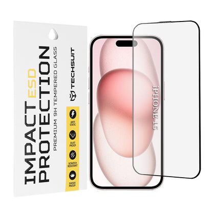 Techsuit Displayschutzfolie für Apple iPhone 16 / 15, gehärtetes Glas, Full Glue, Schwarz
