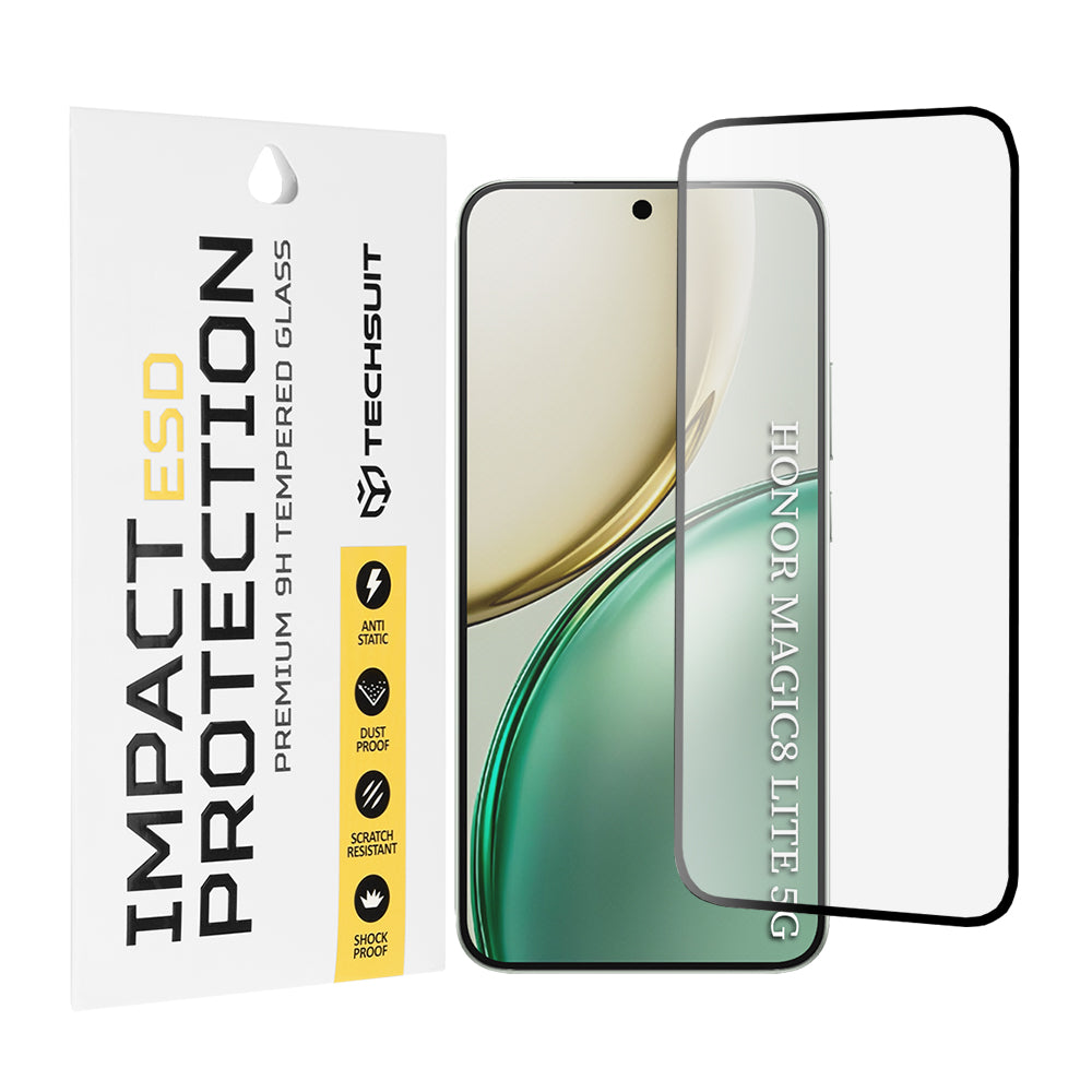 Schutzfolie Techsuit für Honor Magic8 Lite, gehärtetes Glas, vollflächiger Kleber, Schwarz
