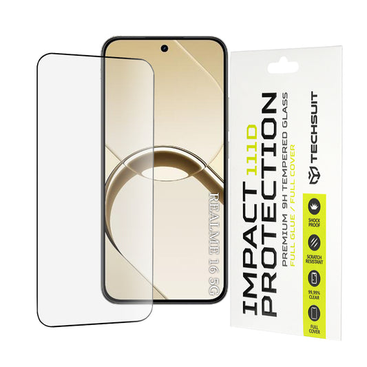 Techsuit Displayschutzfolie für Realme 16, gehärtetes Glas, Full Glue, 111D, Schwarz