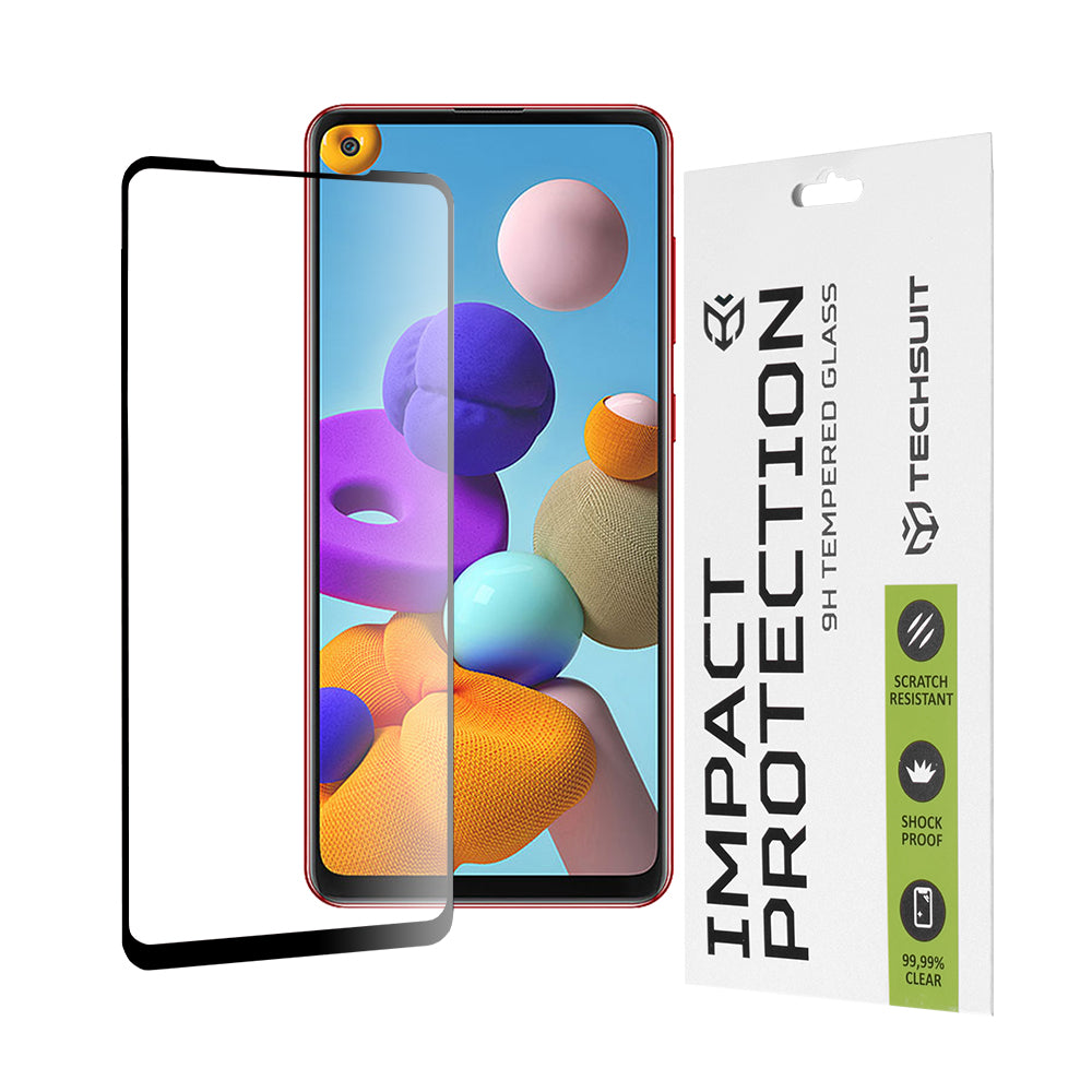 Techsuit Displayschutzfolie für Samsung Galaxy A21s A217 / A21 A215, gehärtetes Glas, Full Glue, 111D, Schwarz