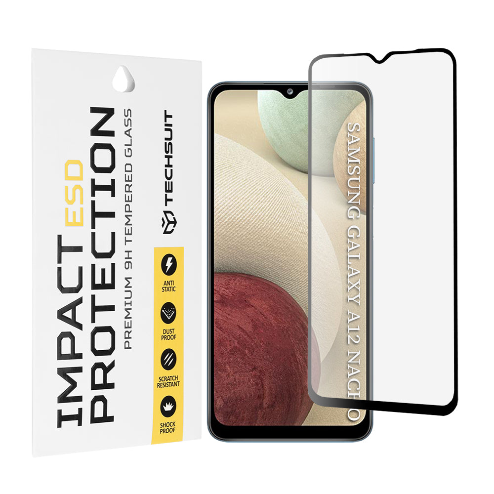 Techsuit Displayschutzfolie für Samsung Galaxy F12 F127 / A12 Nacho A127 / M02 M022 / M12 M127, Gehärtetes Glas, Vollflächiger Kleber, Schwarz