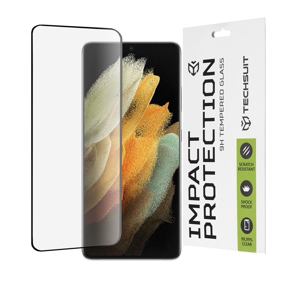 Techsuit Displayschutzfolie für Samsung Galaxy S21 Ultra 5G G998, gehärtetes Glas, Full Glue, 111D, Schwarz
