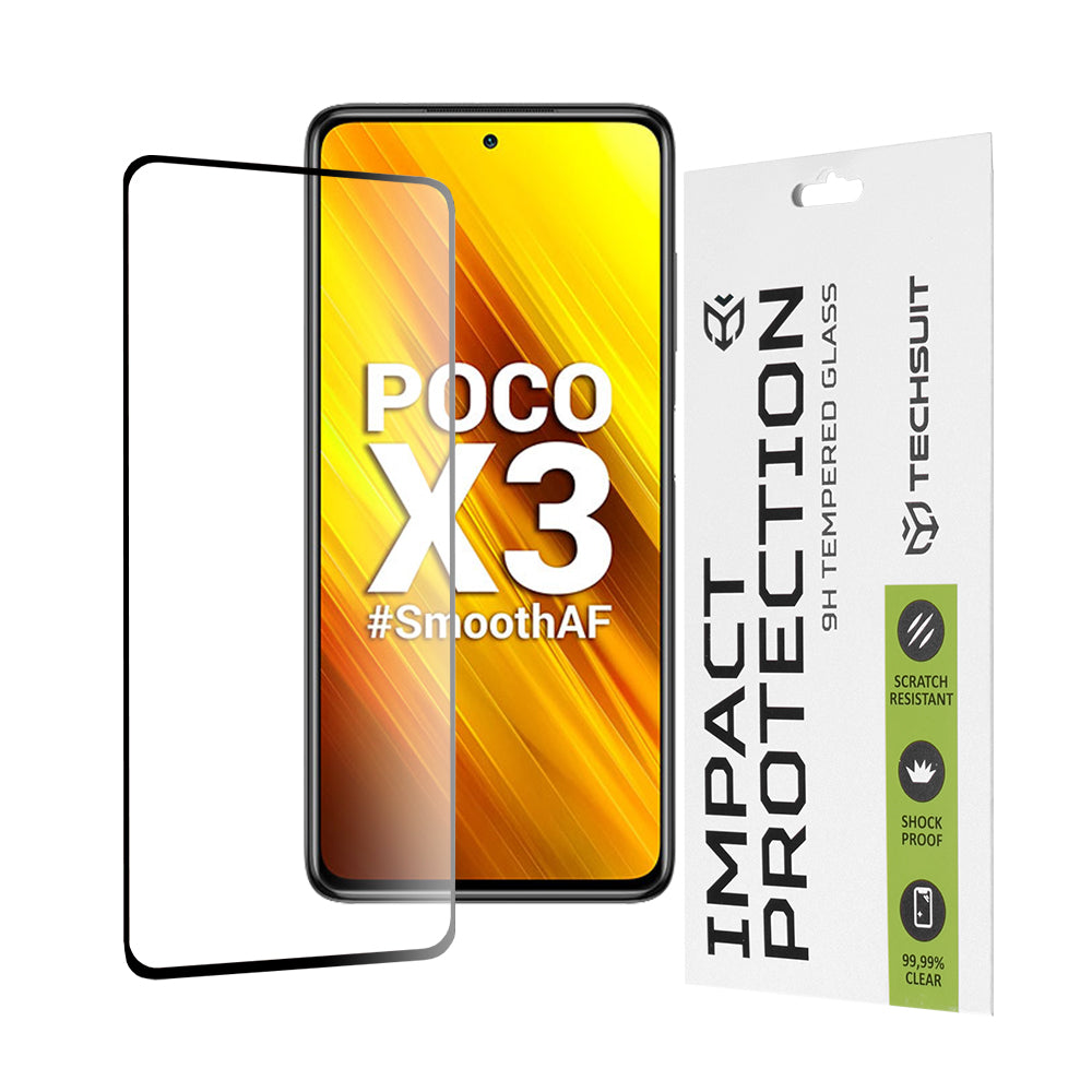 Techsuit Displayschutzfolie für Xiaomi Poco X3 Pro / X3 NFC / X3, gehärtetes Glas, Full Glue, 111D, Schwarz