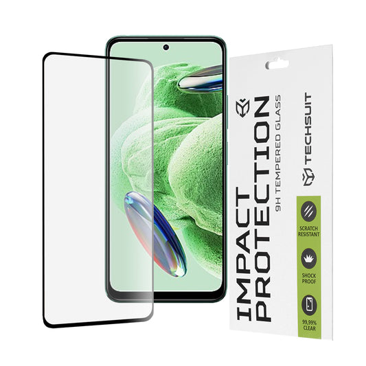 Techsuit Displayschutzfolie für Xiaomi Redmi Note 12 4G / Poco X5 / Note 12 5G, gehärtetes Glas, Full Glue, 111D, Schwarz
