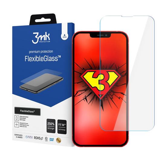 3MK FlexibleGlass Displayschutzfolie für Apple iPhone 17e / 16e / 14 / 13 Pro, Flexibles Glas, Vollflächig Klebend