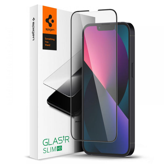 Schutzfolie Spigen GlastR Slim für Apple iPhone 17e / 16e / 14 / 13 Pro, gehärtetes Glas, vollflächig klebend, Schwarz AGL03392