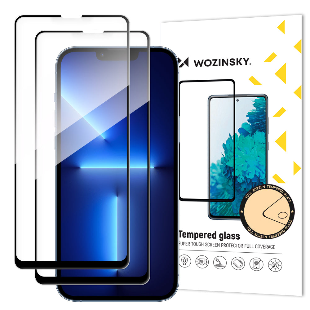 WZK Screen Protector for Apple iPhone 13 Pro / 13, Tempered Glass, Full Glue, Set of 2 pieces, Black