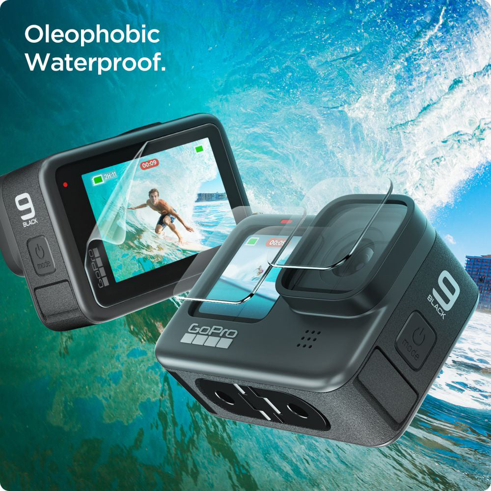 Displayschutz- und Linsenfolie Spigen GlastR Slim für GoPro Hero 12 / 9 / 10 / 11, gehärtetes Glas, Set 6 Stück AGL03045