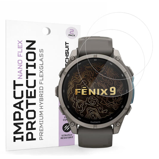 Techsuit Nano Flex Schutzfolie für Garmin Fenix 9 Pro 43mm / Fenix 9 43mm, 2 Stück Set, Kunststoff, Schwarz