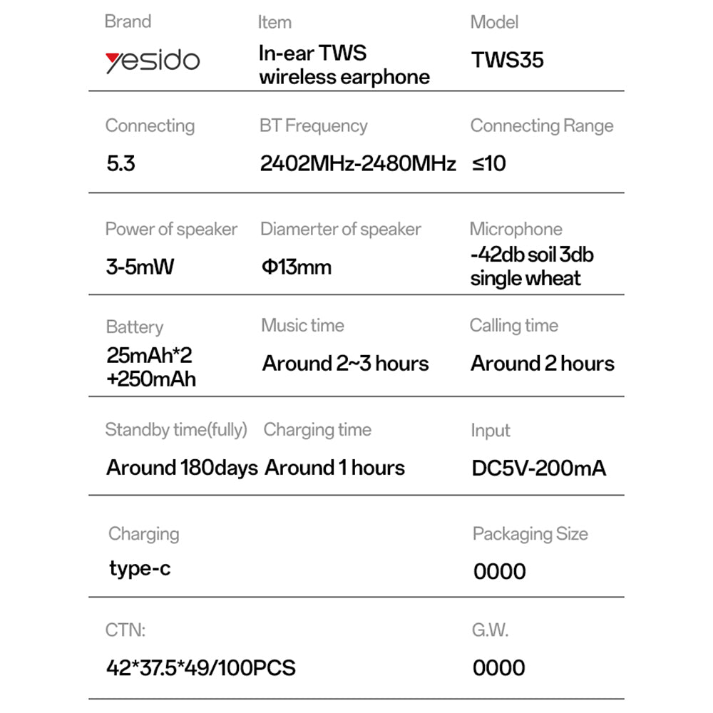 Handsfree Bluetooth Yesido TWS35, TWS, Weiß