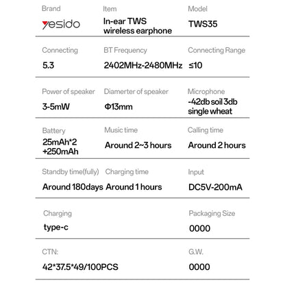 Handsfree Bluetooth Yesido TWS35, TWS, Weiß