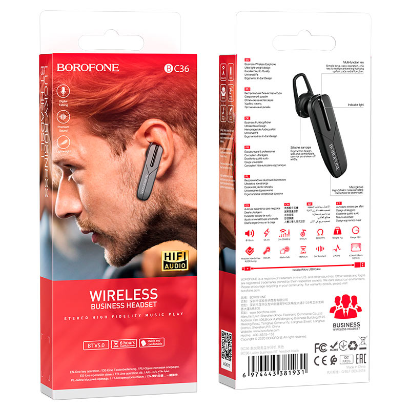 Borofone BC36 Lucky Bluetooth Headset | A2DP | Schwarz
