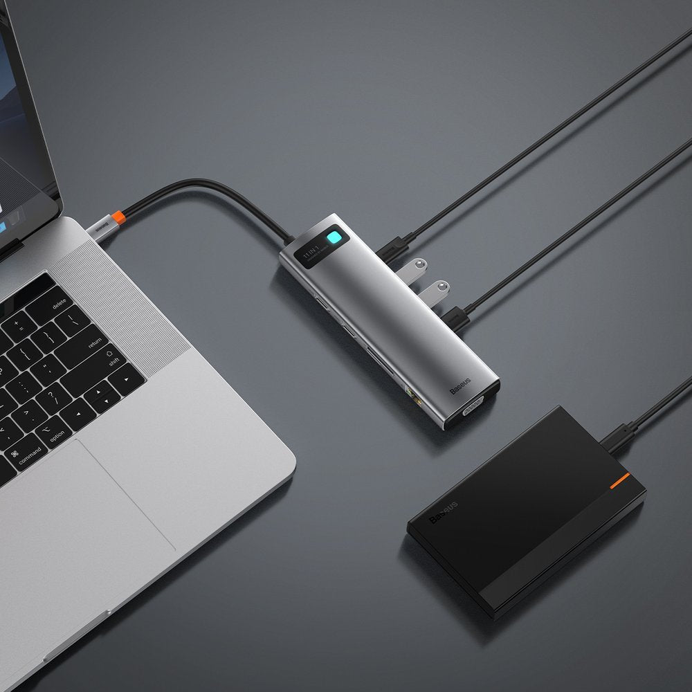Hub USB-C Baseus Metal Gleam, 3 x USB-A 3.0 - 1 x USB-C - 2 x HDMI - 1 x VGA - 1 x Klinkenstecker 3,5 mm - 1 x RJ45 - 1 x SD - 1 x microSD, Grau CAHUB-CT0G