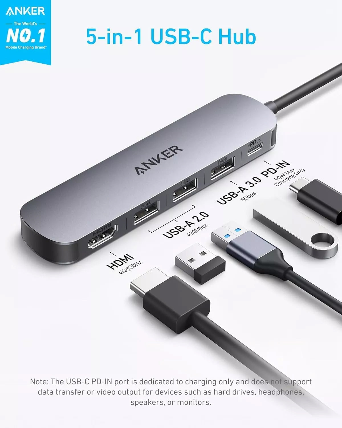 Anker USB-C Hub, 2 x USB-A - 1 x USB-A 3.0 - 1 x USB-C - 1 x HDMI, Grau A8357HA0