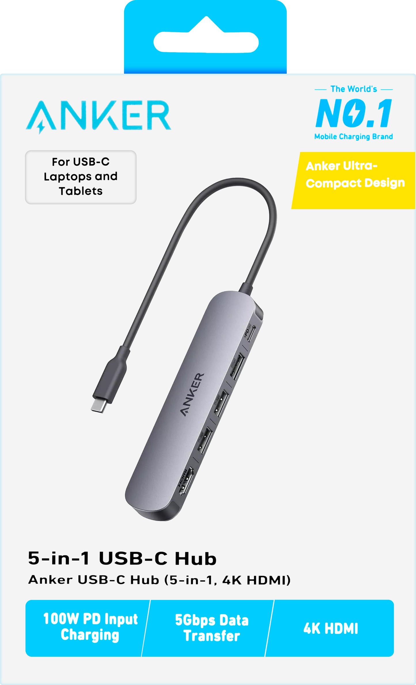 Hub USB-C Anker, 2 x USB-A - 1 x USB-A 3.0 - 1 x USB-C - 1 x HDMI, Grau A8357HA0