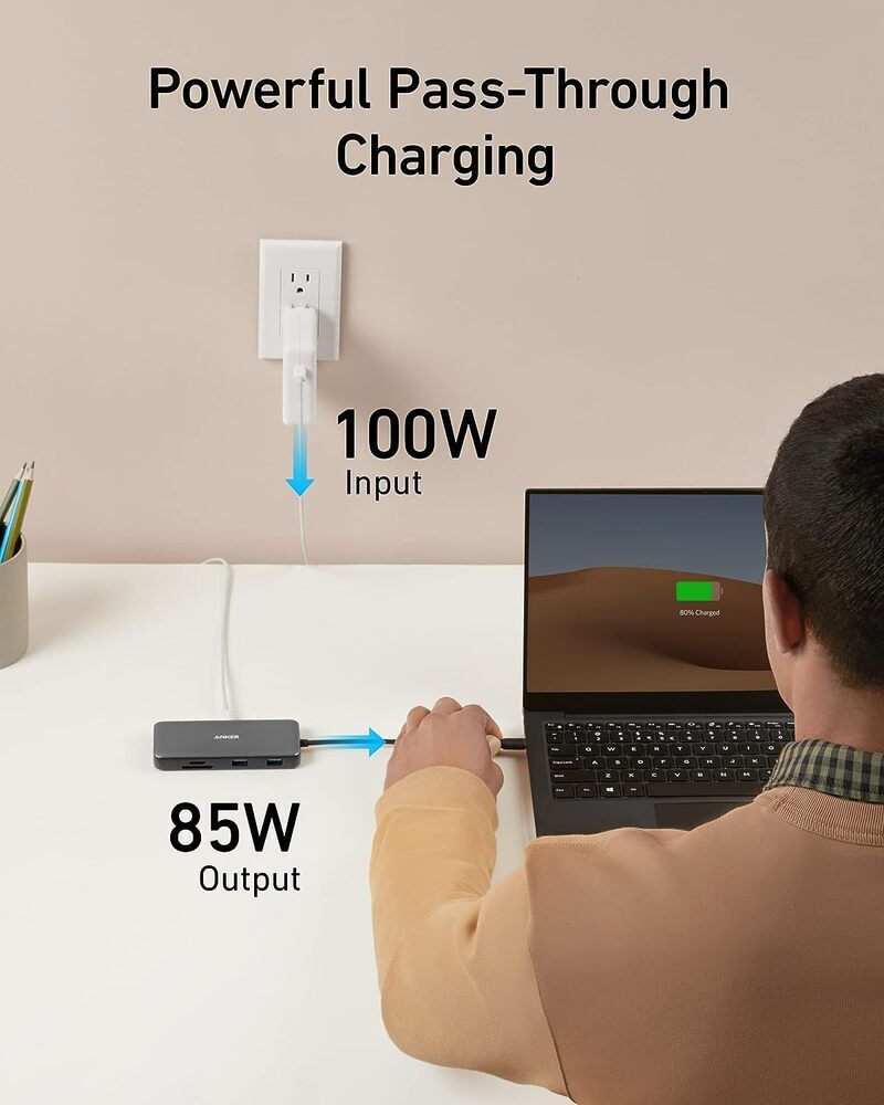 Hub USB-C Anker 555, 2 x USB-A 3.2 - 2 x USB-C - 1 x HDMI - 1 x RJ45 - 1 x SD - 1 x microSD, Grau A83830A2