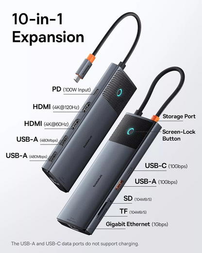 Hub USB-C Baseus Dual Display, 1 x USB-A 3.0 - 2 x USB-A - 2 x USB-C - 2 x HDMI - 1 x RJ45 - 1 x SD - 1 x microSD, Schwarz B00061800123-01