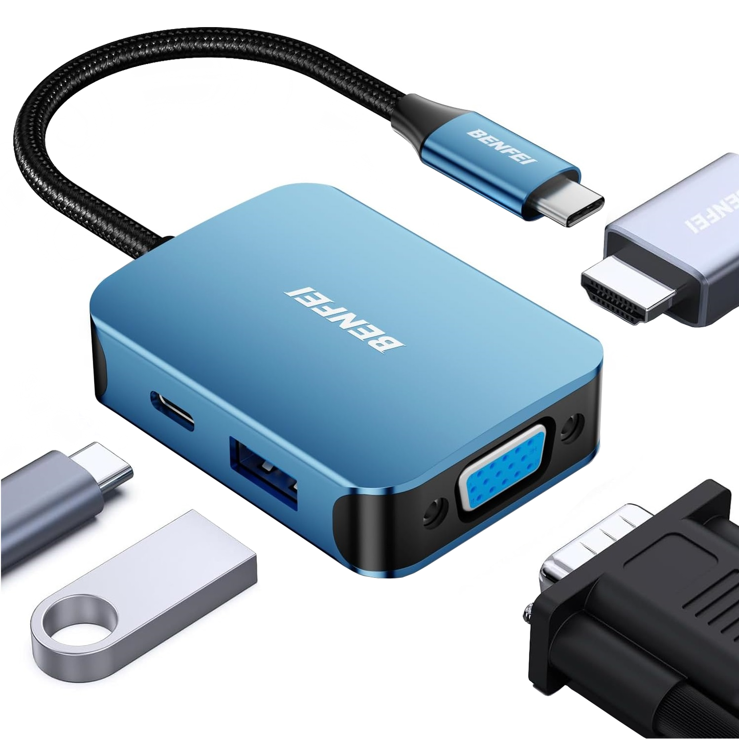 USB-C Hub Benfei, 1 x USB-A 3.0 - 1 x USB-C - 1 x HDMI - 1 x VGA, Blau