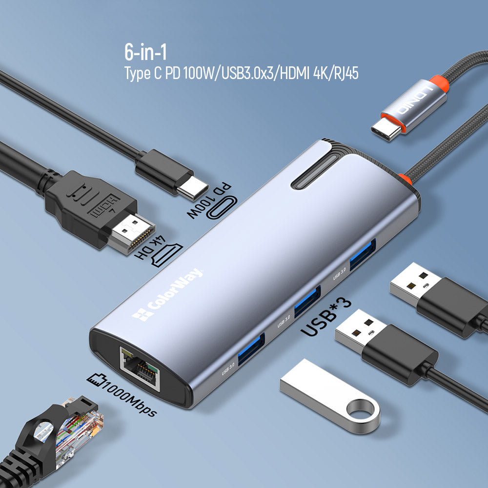 ColorWay CW-HUB02 USB-C Hub, 6in1, Silver