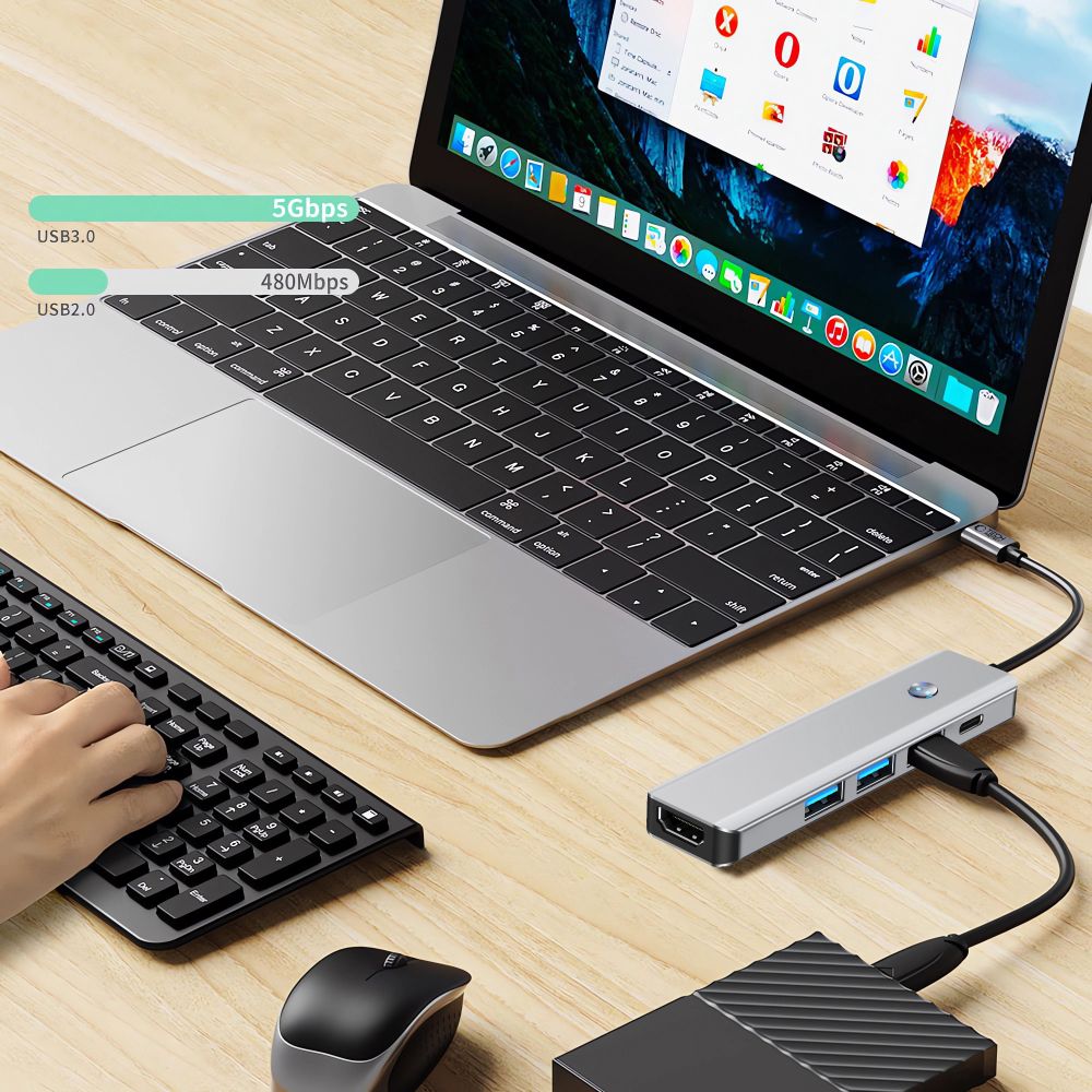 Hub USB-C Tech-Protect HB01, 1 x USB-A 3.0 - 2 x USB-A - 1 x USB-C - 1 x HDMI, Grau
