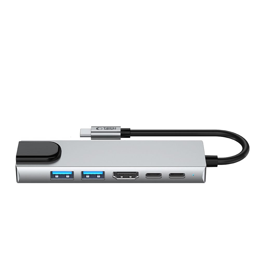 Hub USB-C Tech-Protect HB02, 1 x USB-A 3.0 - 1 x USB-A - 2 x USB-C - 1 x HDMI - 1 x RJ45, Grau