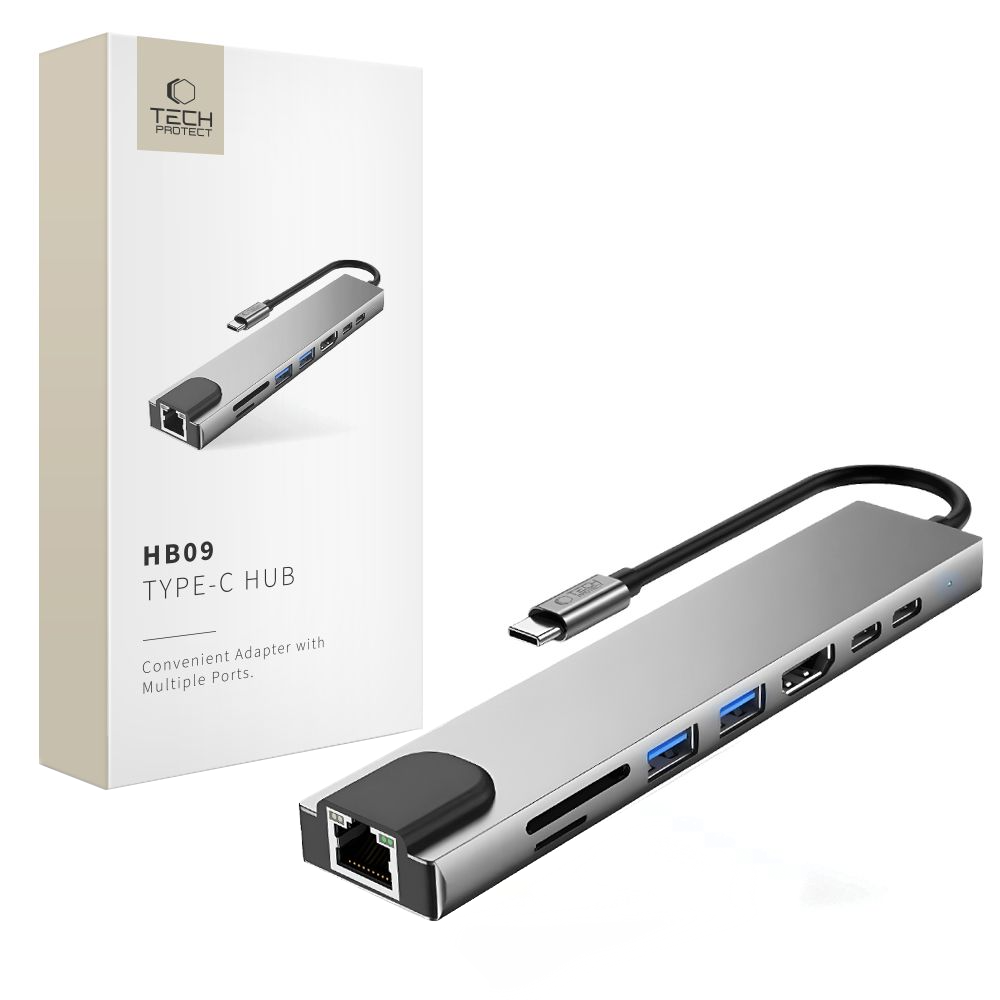 Tech-Protect HB09 USB-C Hub, 2 x USB-A 3.0 - 2 x USB-C - 1 x HDMI - 1 x RJ45 - 1 x SD - 1 x microSD, Gray