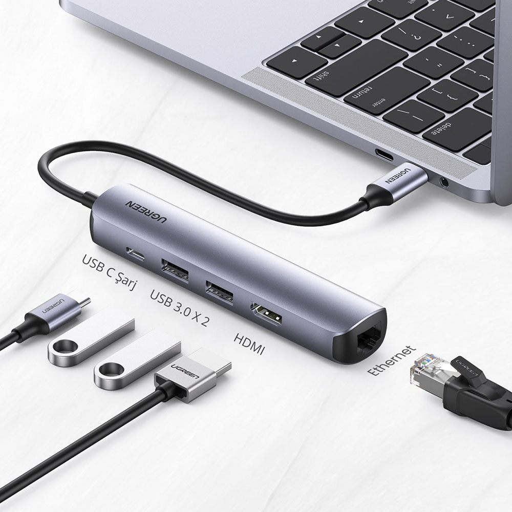 USB-C Hub UGREEN CM418 (10919), 2 x USB-A 3.0 - 1 x USB-C - 1 x HDMI - 1 x RJ45, Grau
