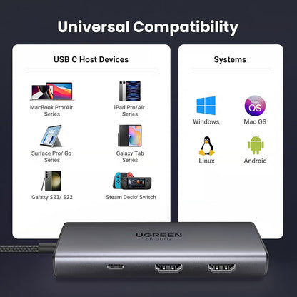 Hub USB-C UGREEN CM498 (15852), 2 x USB-A 3.0 - 2 x USB-C - 2 x HDMI, Grau