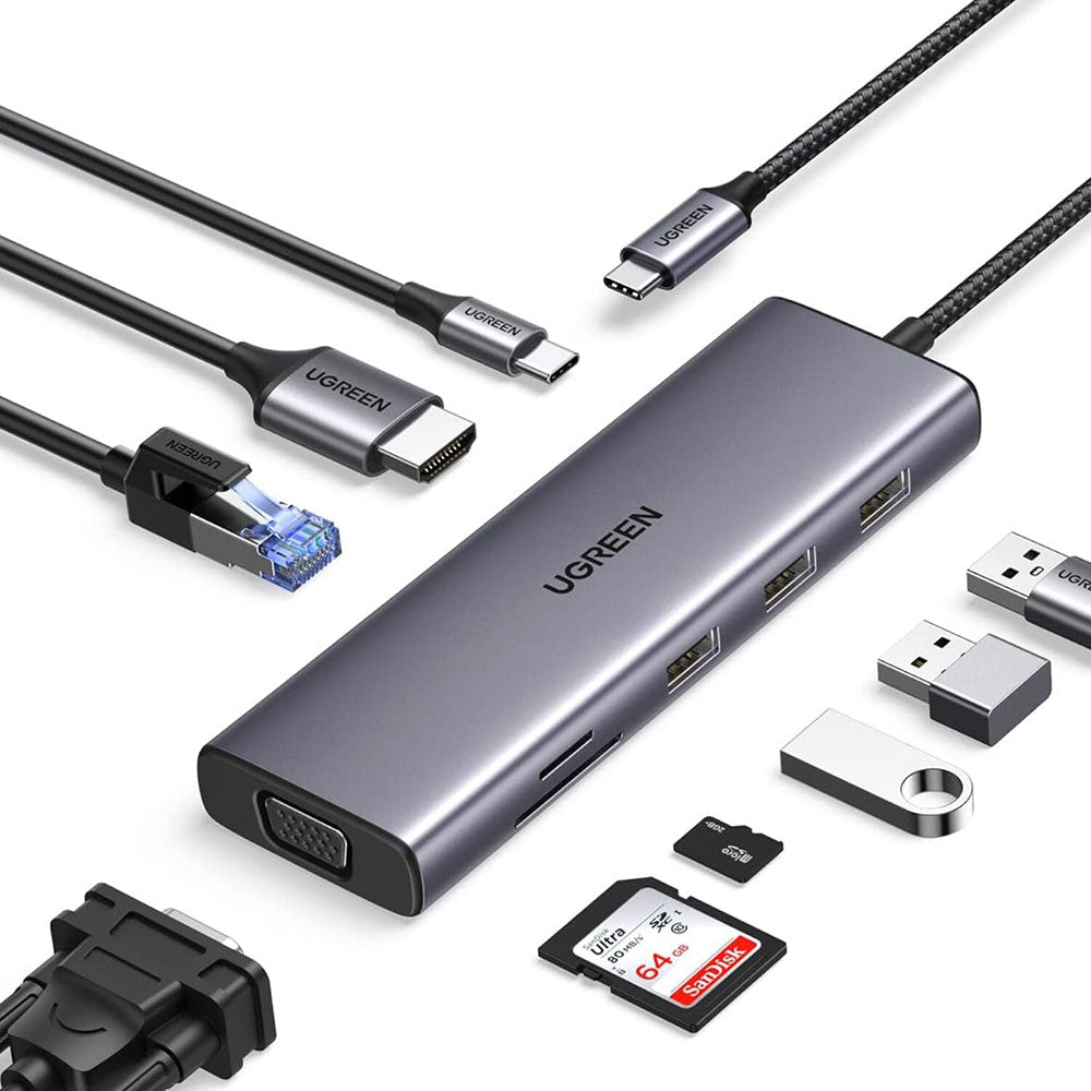 Hub USB-C UGREEN CM498 (15600), 3 x USB-A 3.0 - 1 x USB-C - 1 x HDMI - 1 x VGA - 1 x RJ45 - 1 x SD - 1 x microSD, Grau