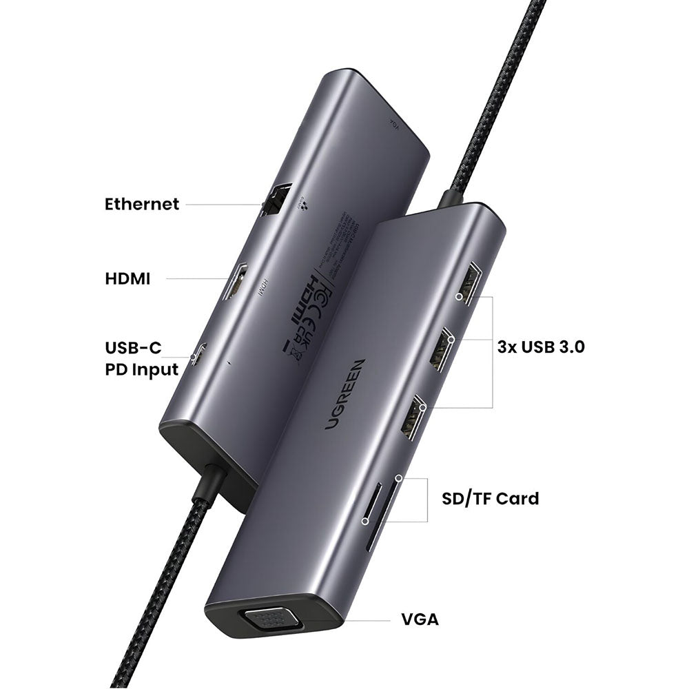 Hub USB-C UGREEN CM498 (15600), 3 x USB-A 3.0 - 1 x USB-C - 1 x HDMI - 1 x VGA - 1 x RJ45 - 1 x SD - 1 x microSD, Grau