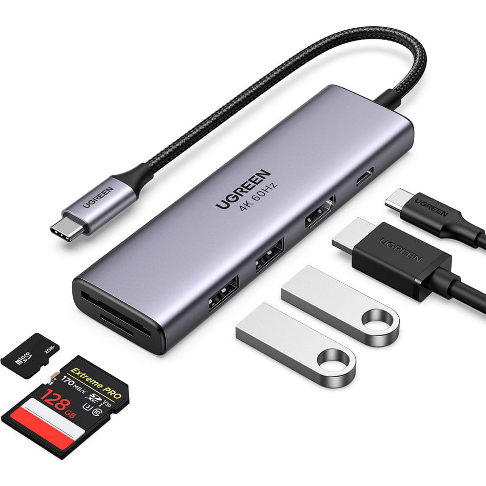 Hub USB-C UGREEN CM511 (60384), 2 x USB-A 3.0 - 1 x USB-C - 1 x HDMI - 1 x SD - 1 x microSD, Grau