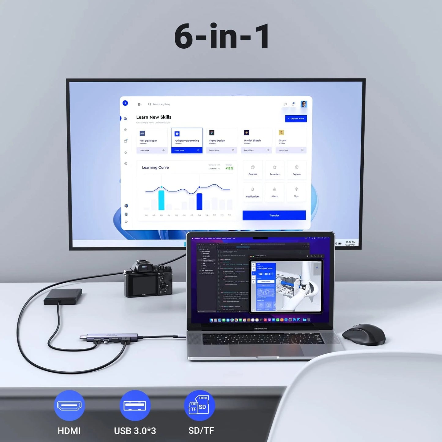 Hub USB-C UGREEN CM511 (60383), 3 x USB-A 3.2 - 1 x HDMI - 1 x SD - 1 x microSD, Grau