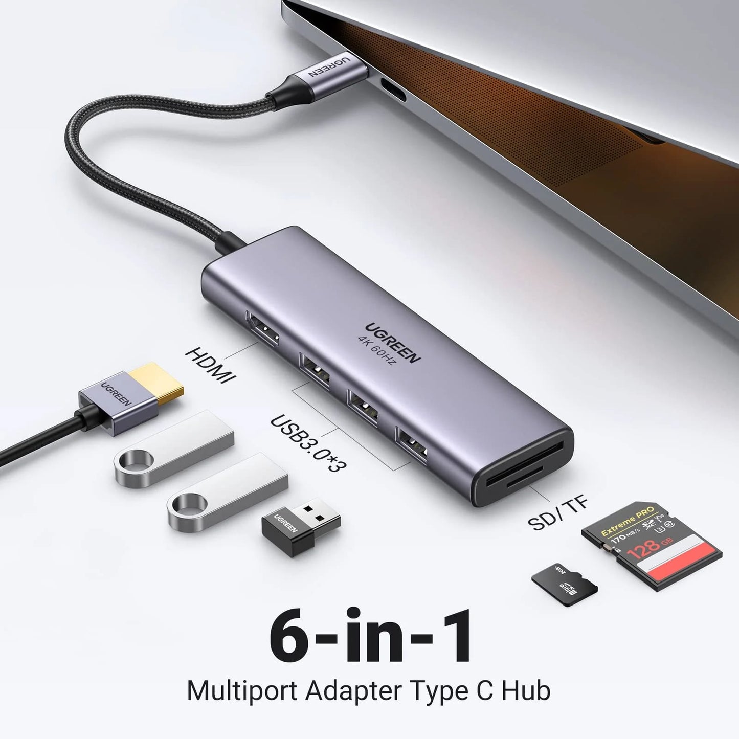 Hub USB-C UGREEN CM511 (60383), 3 x USB-A 3.2 - 1 x HDMI - 1 x SD - 1 x microSD, Grau