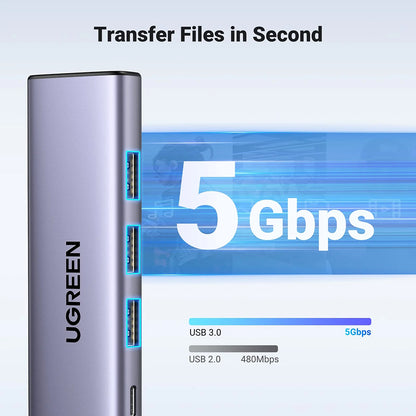 Hub USB-C UGREEN CM511 (15596), 3 x USB-A 3.0 - 1 x USB-C - 1 x HDMI, Grau