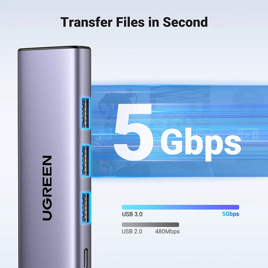 Hub USB-C UGREEN CM511 (15596), 3 x USB-A 3.0 - 1 x USB-C - 1 x HDMI, Grau