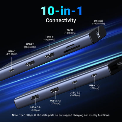 UGREEN CM639 USB-C Hub (45380), 2 x USB-A 3.2 - 3 x USB-C - 2 x HDMI - 1 x RJ45 - 1 x SD - 1 x microSD, Gray