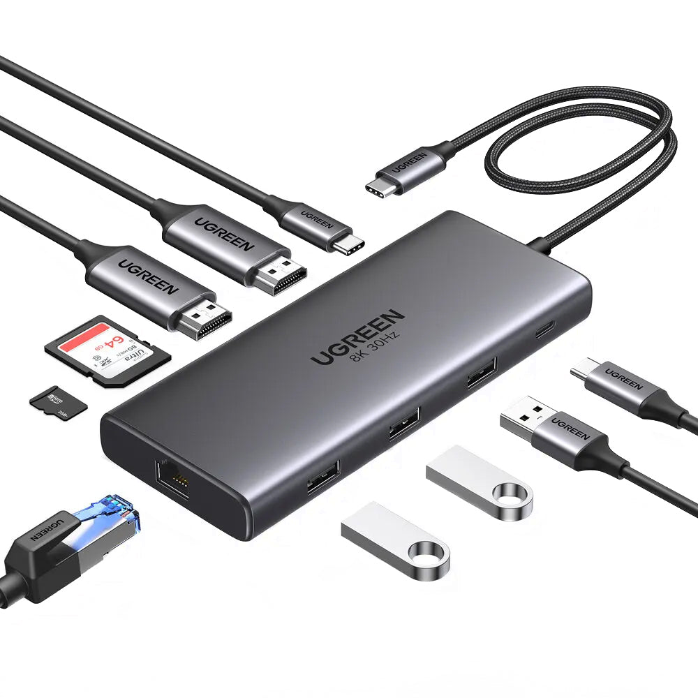 USB-C Hub UGREEN Revodok Pro 210 CM639, 1 x USB-A 3.0 - 2 x USB-A - 2 x USB-C - 2 x HDMI - 1 x RJ45 - 1 x SD - 1 x microSD, Grau