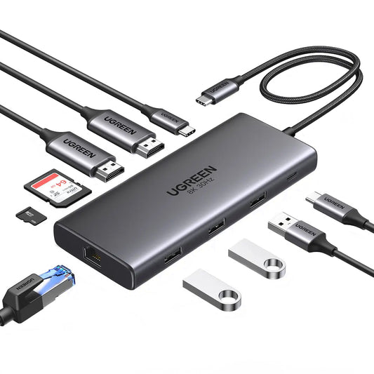 USB-C Hub UGREEN Revodok Pro 210 CM639, 1 x USB-A 3.0 - 2 x USB-A - 2 x USB-C - 2 x HDMI - 1 x RJ45 - 1 x SD - 1 x microSD, Grau
