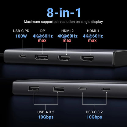 USB-C Hub UGREEN Revodok 308 CM639, 2 x USB-A 3.2 - 3 x USB-C - 1 x Display Port - 2 x HDMI, Grau