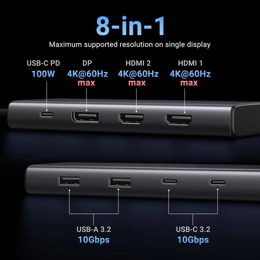 USB-C Hub UGREEN Revodok 308 CM639, 2 x USB-A 3.2 - 3 x USB-C - 1 x Display Port - 2 x HDMI, Grau