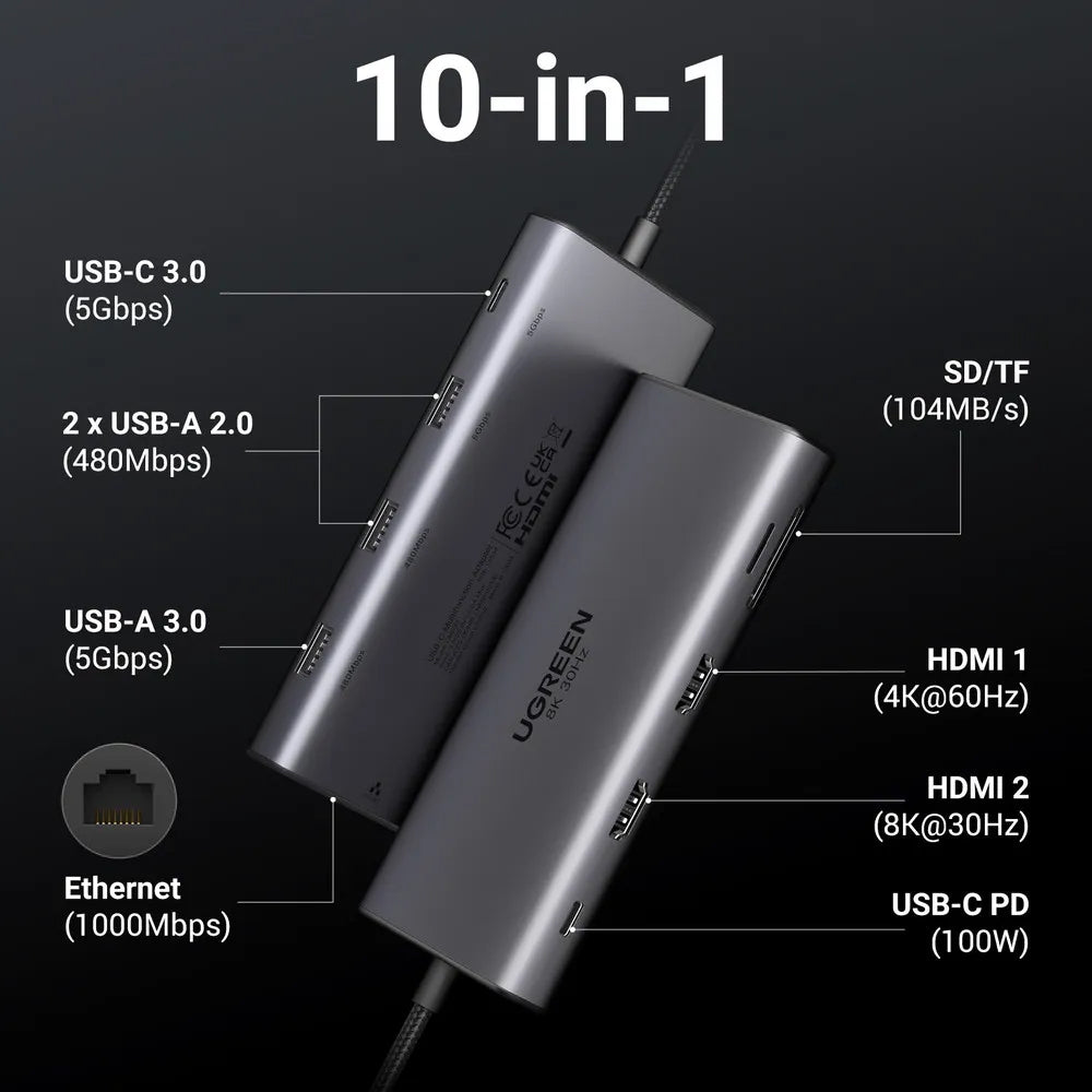 USB-C Hub UGREEN Revodok Pro 210 CM639, 1 x USB-A 3.0 - 2 x USB-A - 2 x USB-C - 2 x HDMI - 1 x RJ45 - 1 x SD - 1 x microSD, Grau