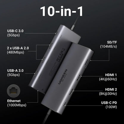USB-C Hub UGREEN Revodok Pro 210 CM639, 1 x USB-A 3.0 - 2 x USB-A - 2 x USB-C - 2 x HDMI - 1 x RJ45 - 1 x SD - 1 x microSD, Grau