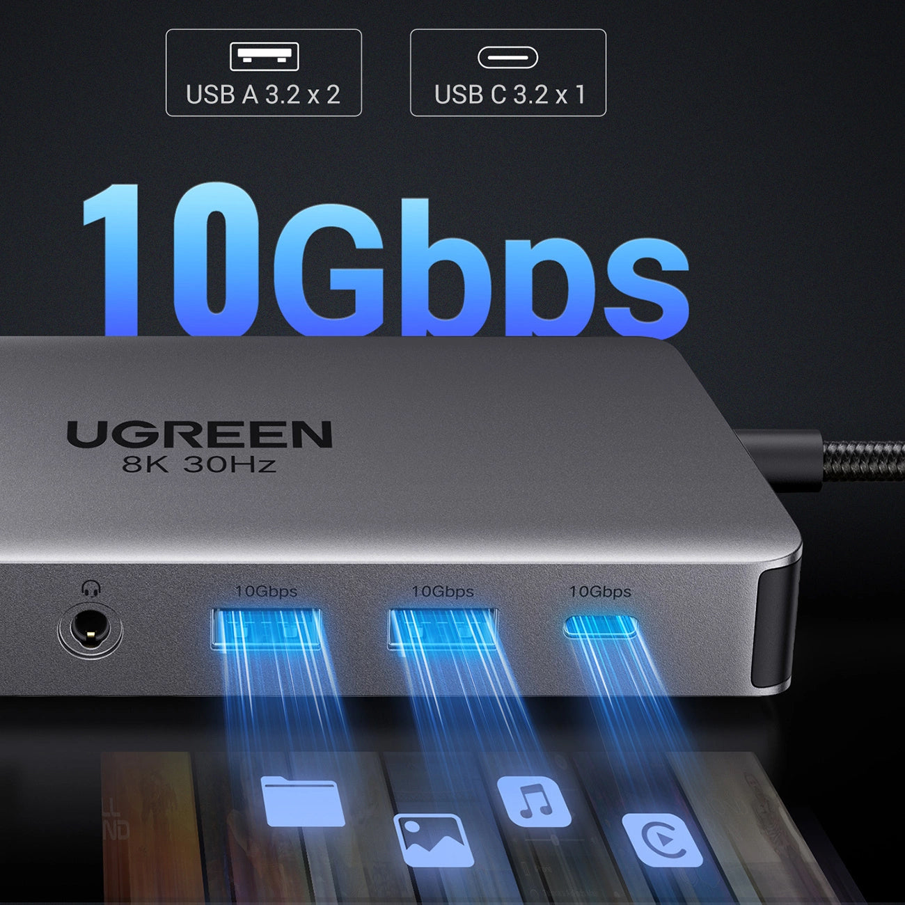Hub USB-C UGREEN Revodok Pro 313 CM681, 2 x USB-A 3.2 - 1 x USB-A 3.0 - 2 x USB-C - 2 x HDMI - 1 x Klinkenstecker 3,5mm - 1 x RJ45 - 1 x SD - 1 x microSD, Grau