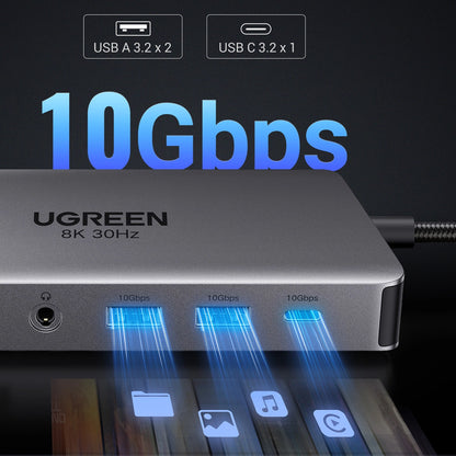 Hub USB-C UGREEN Revodok Pro 313 CM681, 2 x USB-A 3.2 - 1 x USB-A 3.0 - 2 x USB-C - 2 x HDMI - 1 x Klinkenstecker 3,5mm - 1 x RJ45 - 1 x SD - 1 x microSD, Grau