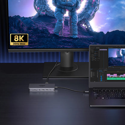 Hub USB-C UGREEN Revodok Pro 313 CM681, 2 x USB-A 3.2 - 1 x USB-A 3.0 - 2 x USB-C - 2 x HDMI - 1 x Klinkenstecker 3,5mm - 1 x RJ45 - 1 x SD - 1 x microSD, Grau